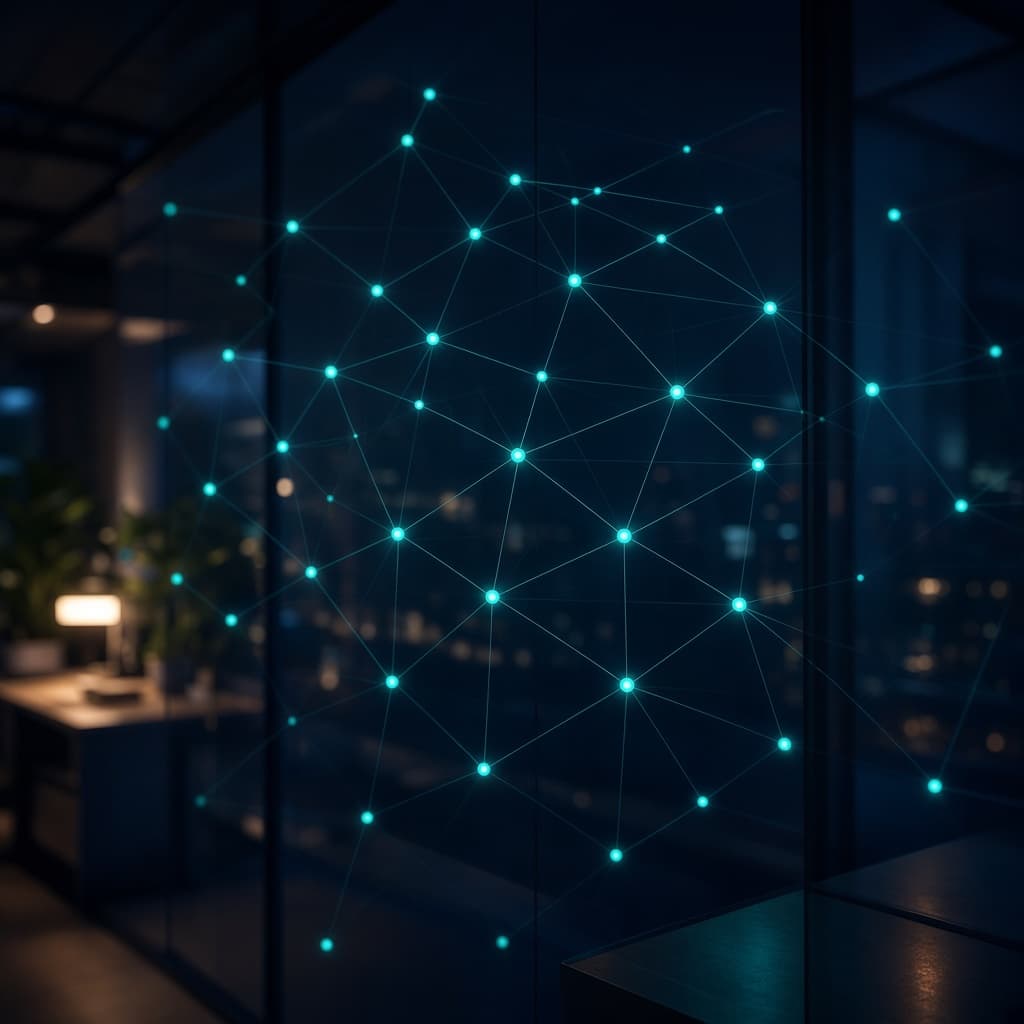 A teal network of connected points across a dark office window